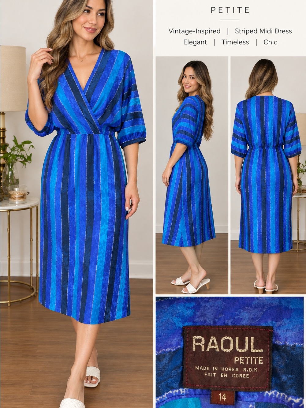 Vintage Raoul Petite Blue Striped Midi Dress V-Neck Chic Size 14 Large